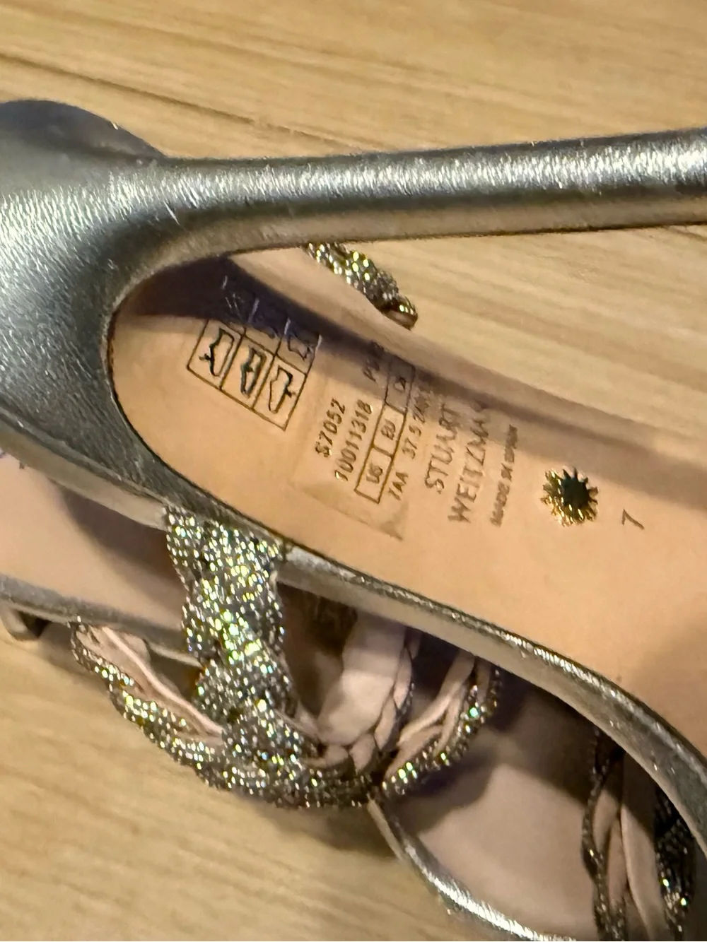Stuart Weitzman Silver Braided Crystal Embellished Stiletto Sandals, Size 7